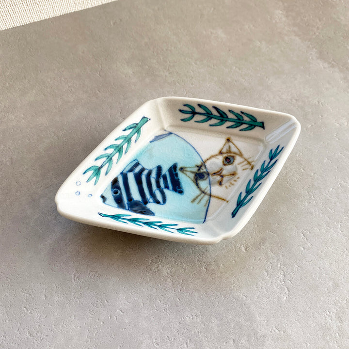 ひし形小皿｜猫とサンバソウ
